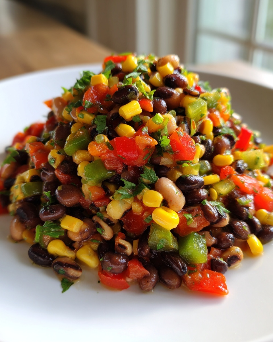 Close-up of a mound of colorful cowboy caviar featuring black beans, corn, tomatoes, and peppers.