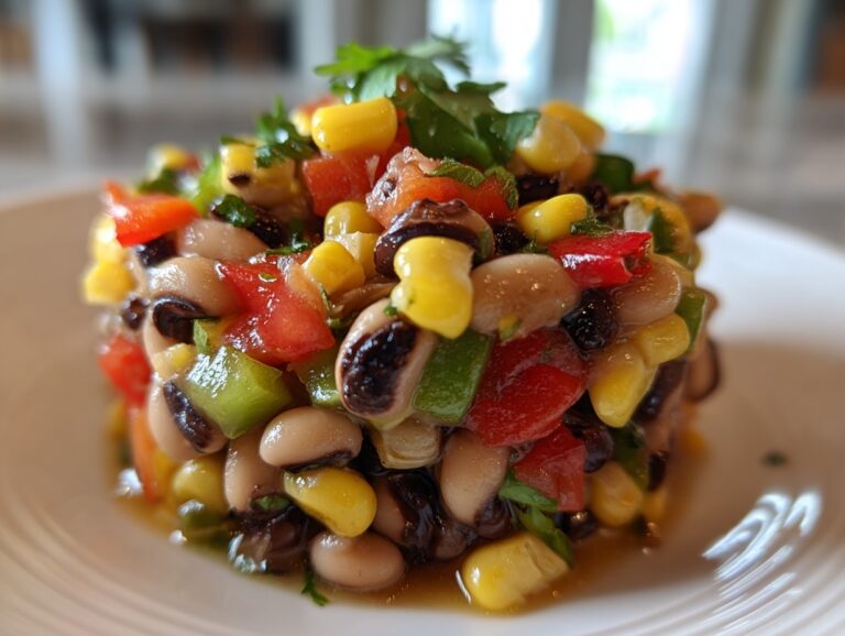 Close-up of beautifully plated cowboy caviar featuring black-eyed peas, corn, red peppers, and green peppers.