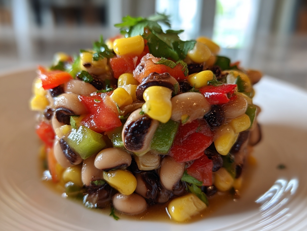 Close-up of beautifully plated cowboy caviar featuring black-eyed peas, corn, red peppers, and green peppers.