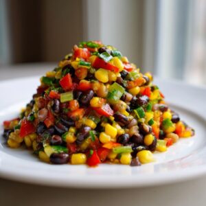 A colorful mound of fresh cowboy caviar featuring black beans, corn, red peppers, and green onions on a white plate.