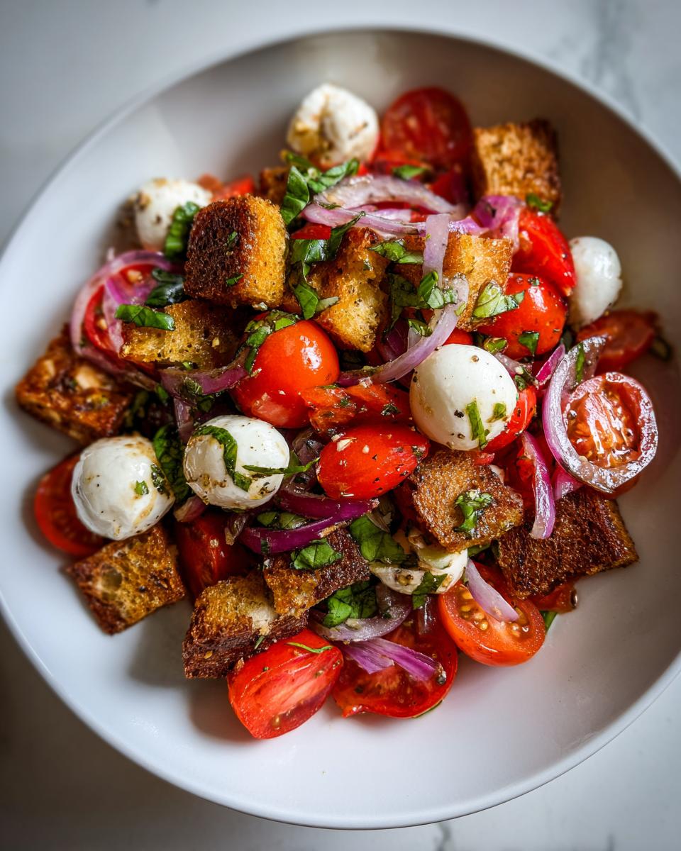 Close-up of a vibrant panzanella salad featuring cherry tomatoes, mozzarella balls, croutons, and red onion.