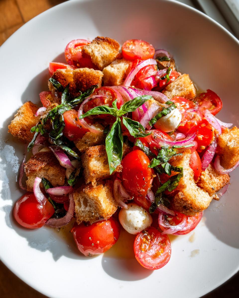 Close-up of a fresh panzanella salad featuring cherry tomatoes, red onion, mozzarella balls, and toasted bread cubes.