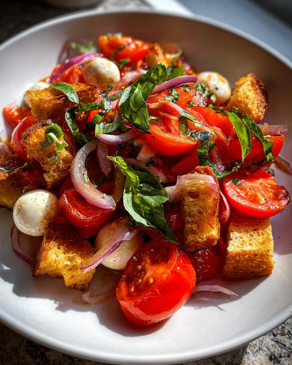 Close-up of a vibrant panzanella salad featuring ripe tomatoes, toasted bread cubes, mozzarella balls, and fresh basil.