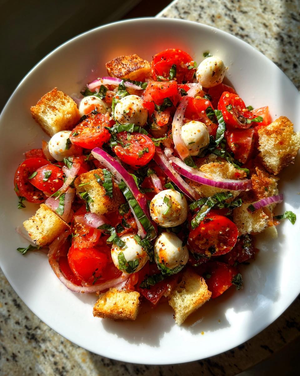 Close-up of a vibrant panzanella salad featuring tomatoes, mozzarella pearls, red onion, and croutons.