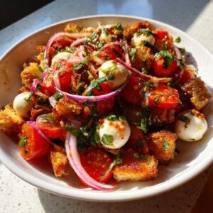 Close-up of a delicious panzanella salad featuring toasted bread cubes, cherry tomatoes, fresh mozzarella balls, and red onion.
