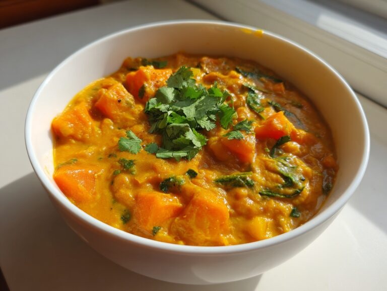 A close-up of a white bowl filled with rich, orange pumpkin curry, topped with fresh cilantro.