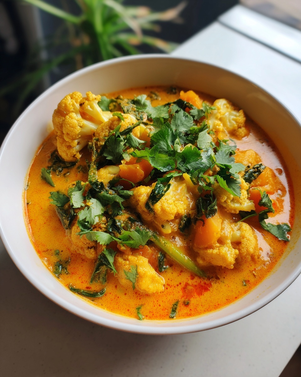 Close-up of a rich, orange pumpkin curry featuring cauliflower florets and topped with fresh cilantro.