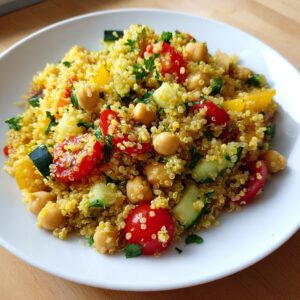 Close-up of a bright, colorful quinoa salad mixed with chickpeas, cherry tomatoes, cucumber, and parsley.