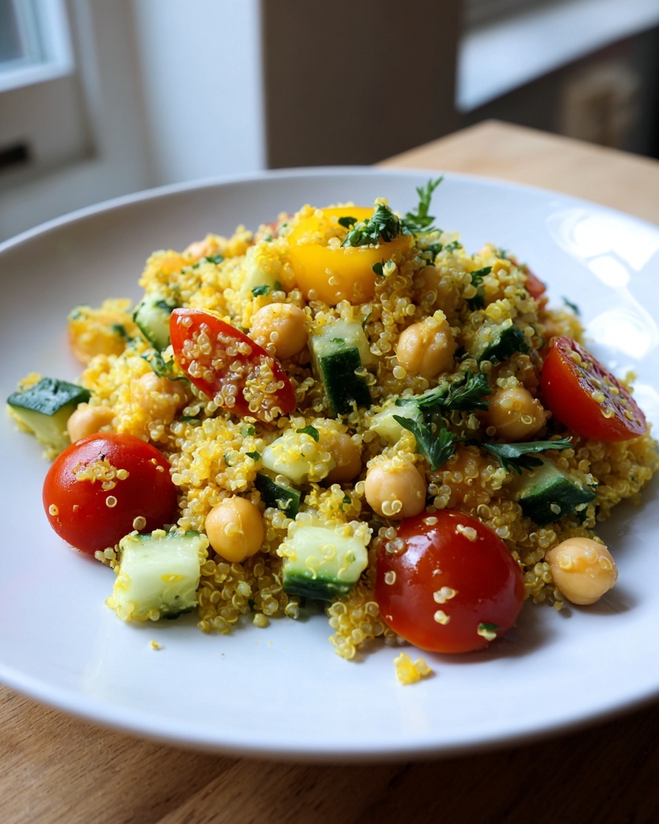 Close-up of a bright yellow quinoa salad mixed with chickpeas, diced cucumber, and cherry tomatoes.