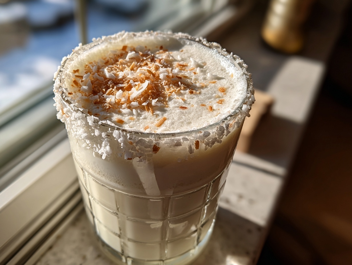 A creamy white Christmas margarita in a textured glass, rimmed with coconut flakes and topped with toasted coconut.