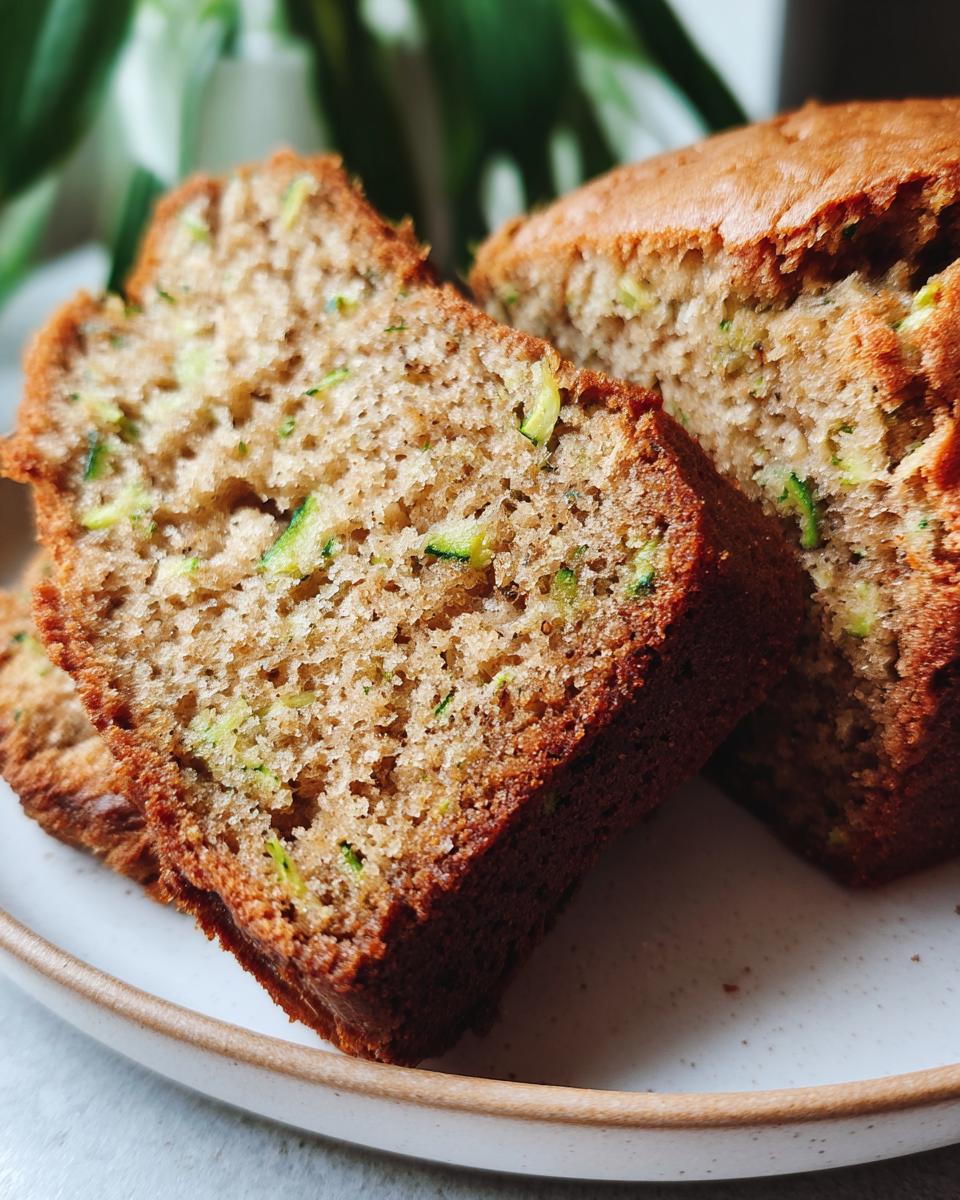 Close-up of moist slices of zucchini bread recipe showing visible shreds of green zucchini baked into the brown crumb.
