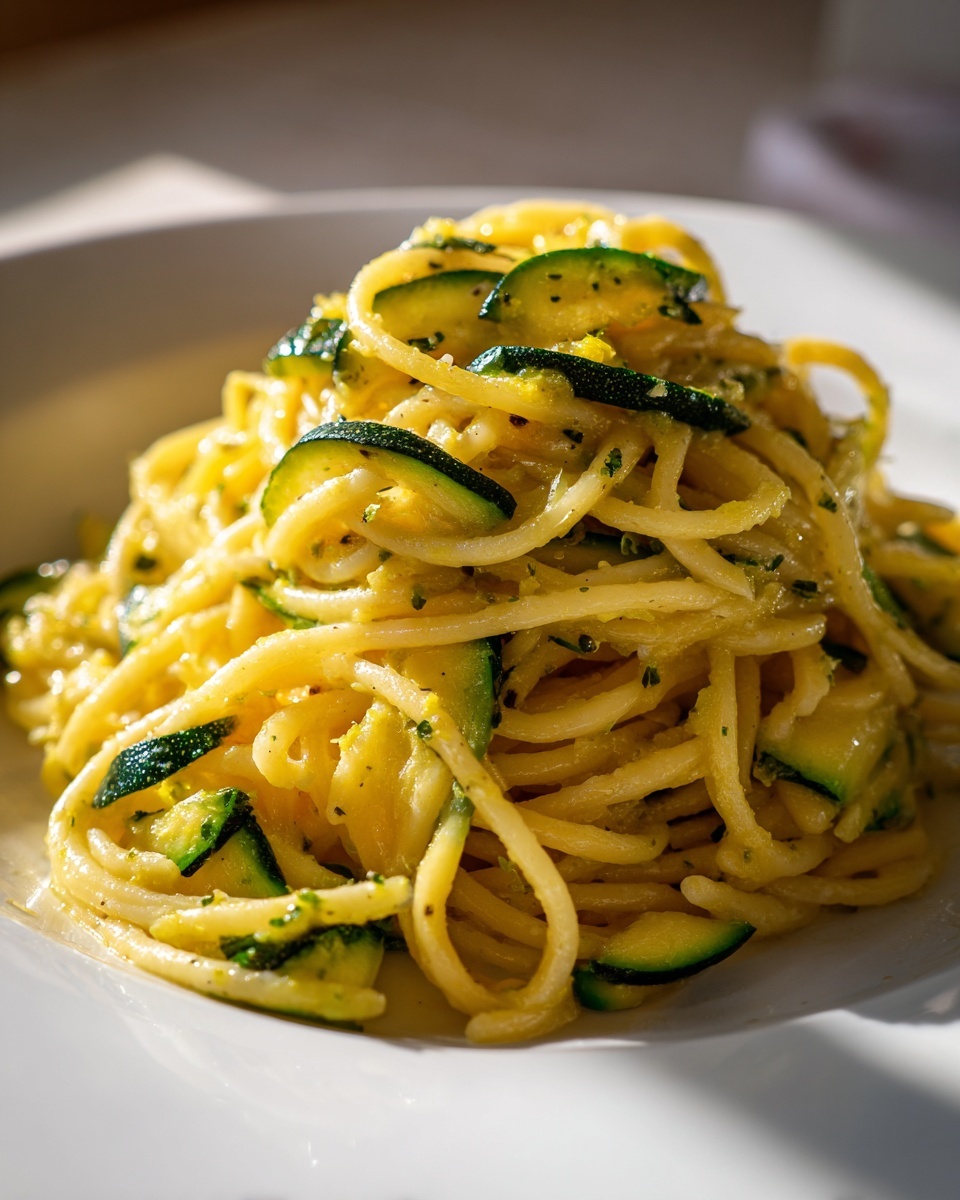 A close-up, well-lit shot of spaghetti mixed with sliced zucchini, representing a flavorful zucchini pasta dish.