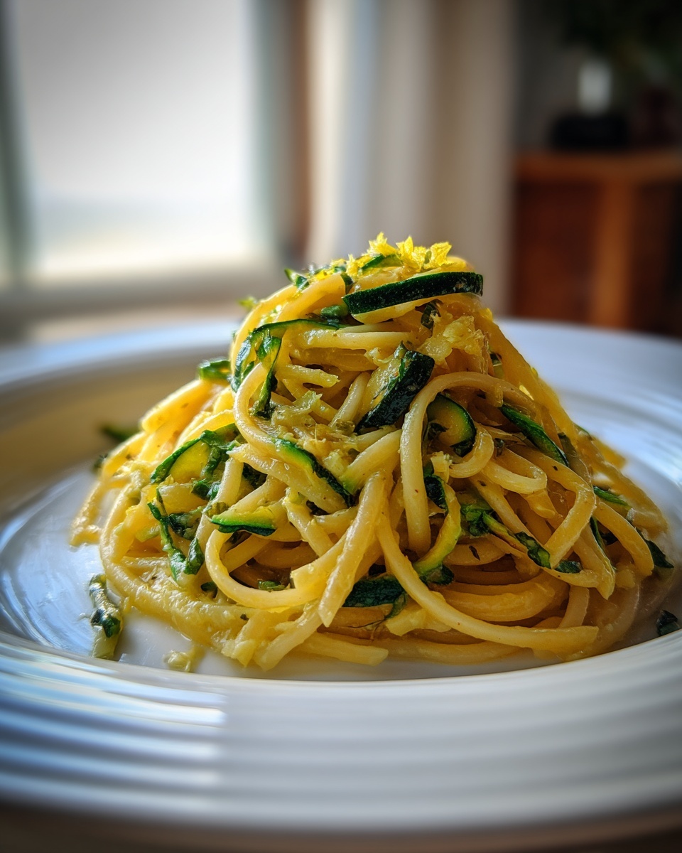 Close-up of a serving of zucchini pasta tossed with ribbons of zucchini and topped with bright lemon zest.