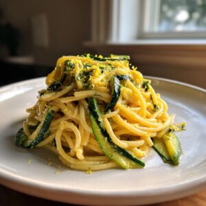A plate of creamy zucchini pasta tossed with ribbons of zucchini and topped generously with lemon zest.