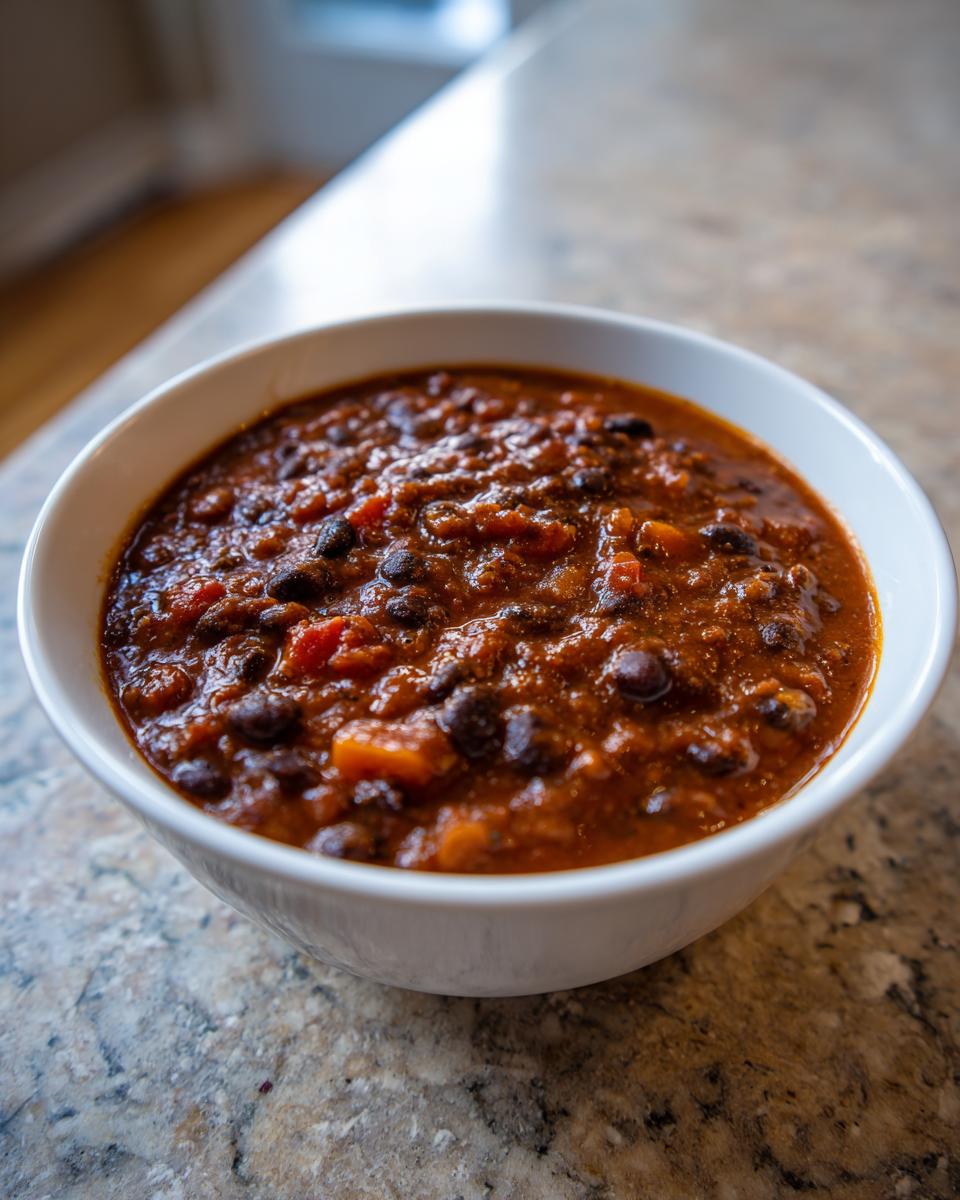 A close-up shot of a white bowl filled with rich, dark Amazing 30-Minute black bean chili.
