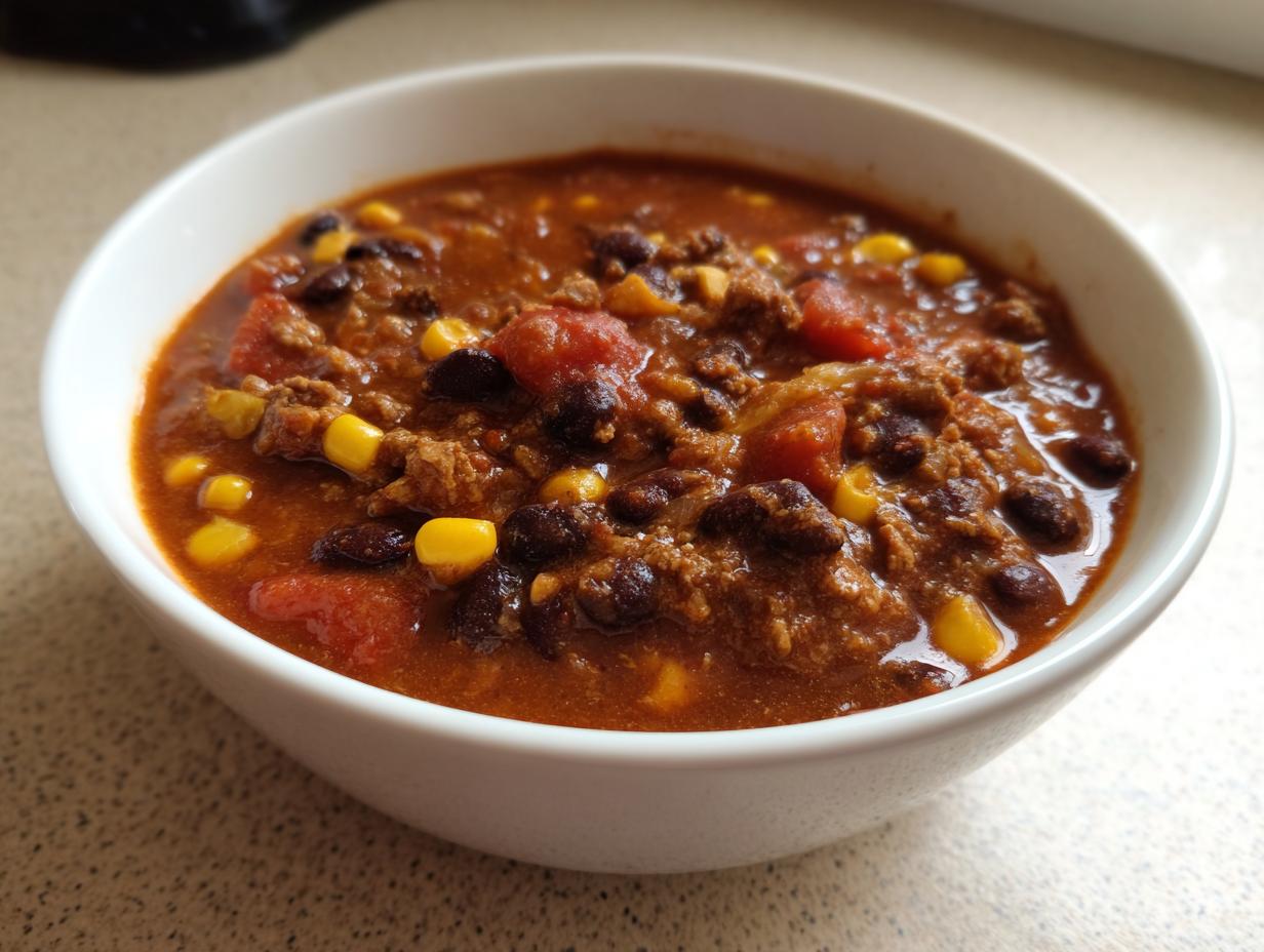 Close-up of a white bowl filled with rich, thick black bean chili featuring beans, corn, and tomatoes.