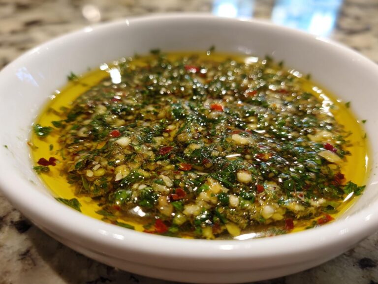 Close-up of a vibrant, flavorful bread dip made with olive oil, minced garlic, parsley, and red pepper flakes.