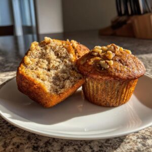 Close-up of two amazing banana nut muffins, one cut in half showing the moist interior and walnuts.