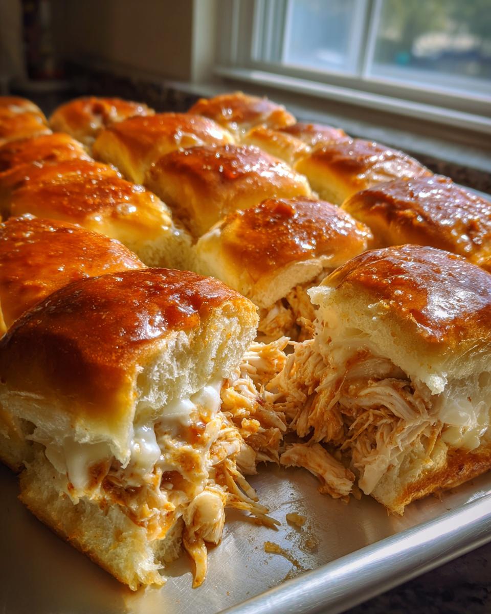 A close-up view of amazing bbq chicken sliders, showing shredded chicken and melted cheese inside glossy, browned slider buns.