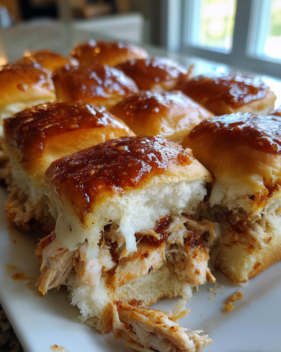 Close-up of baked bbq chicken sliders filled with shredded chicken and melted cheese, topped with a shiny BBQ glaze.