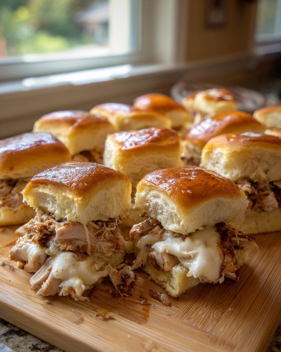 Close-up of amazing bbq chicken sliders with melted cheese overflowing on a wooden board.