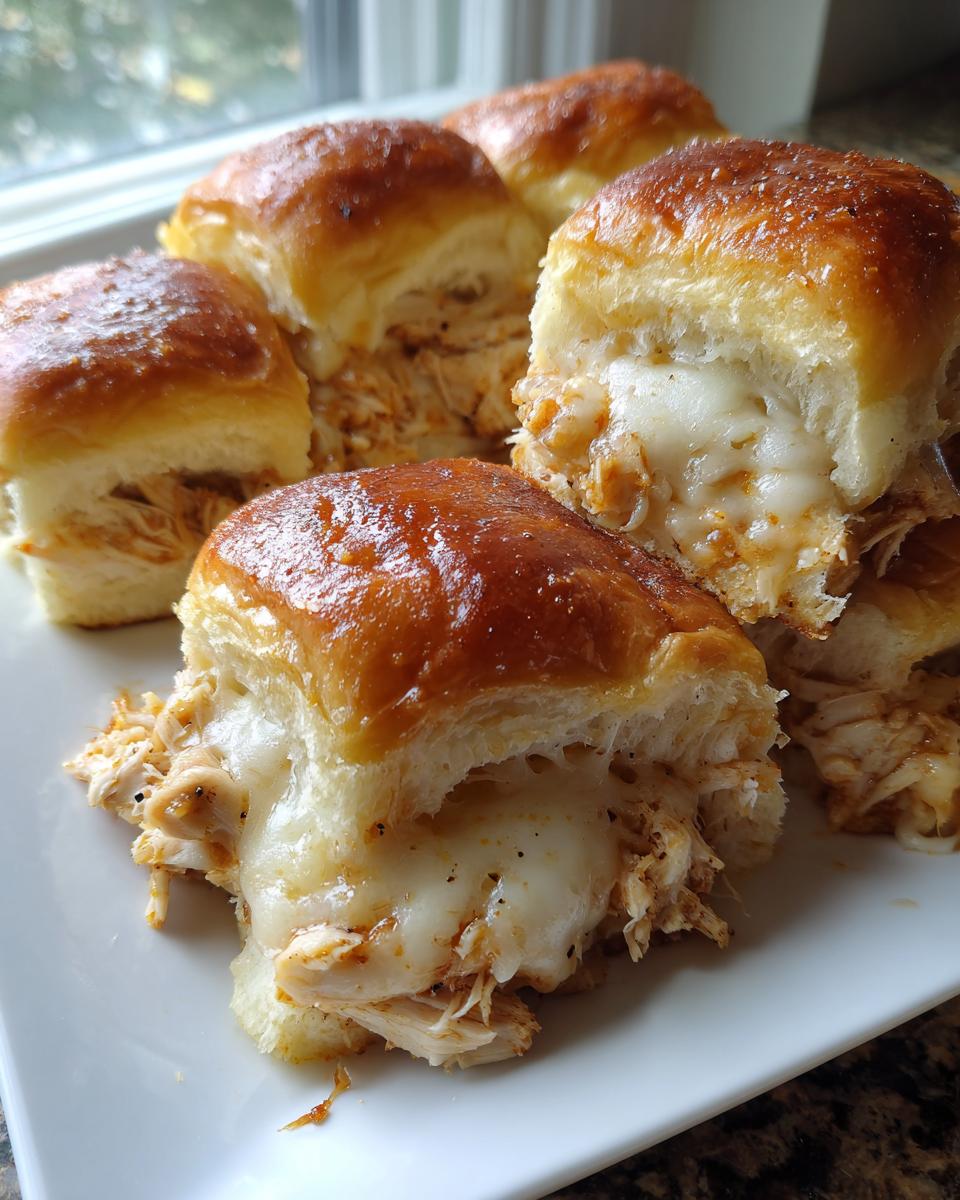 Close-up of gooey melted cheese oozing from amazing bbq chicken sliders on soft, glazed rolls.