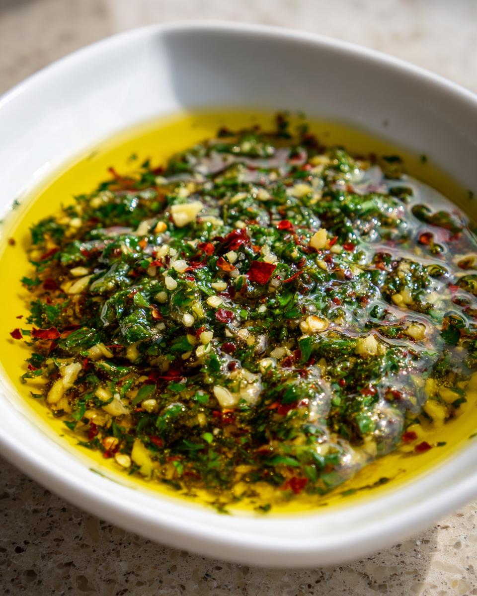 Close-up of a flavorful bread dip made with olive oil, fresh parsley, garlic, and red pepper flakes.