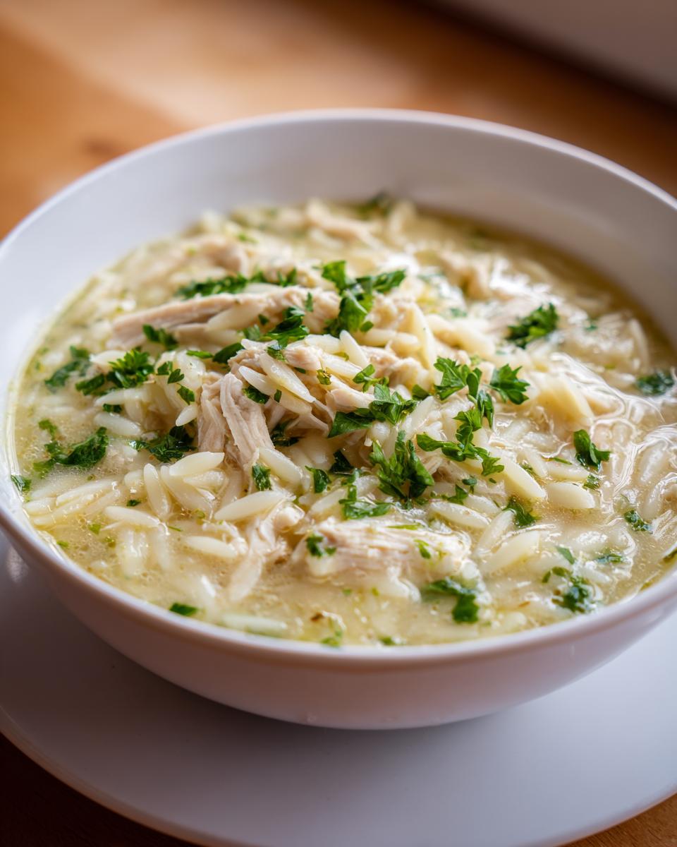 Close-up of a steaming white bowl filled with amazing chicken orzo soup, topped with shredded chicken and fresh parsley.