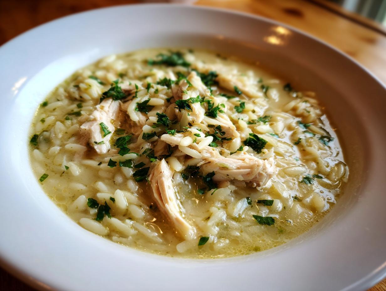 A close-up view of a hearty bowl of amazing chicken orzo soup garnished with fresh parsley.