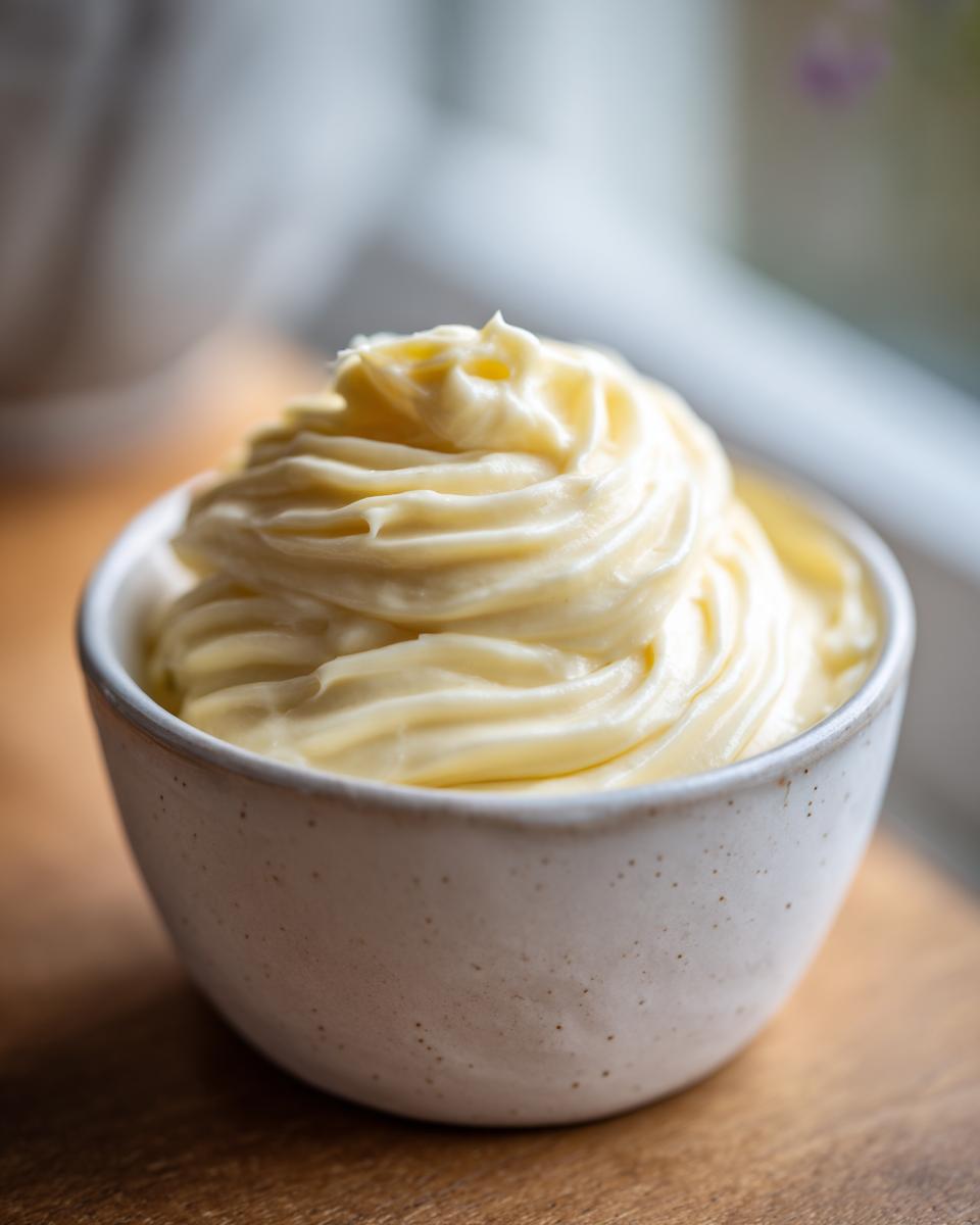 A close-up of rich, creamy, homemade garlic aioli swirled beautifully in a small, speckled white bowl.