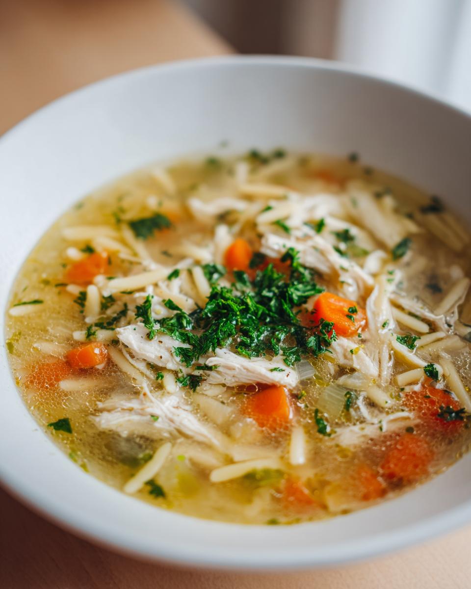 A close-up of a white bowl filled with amazing penicillin soup, featuring shredded chicken, carrots, noodles, and fresh parsley garnish.
