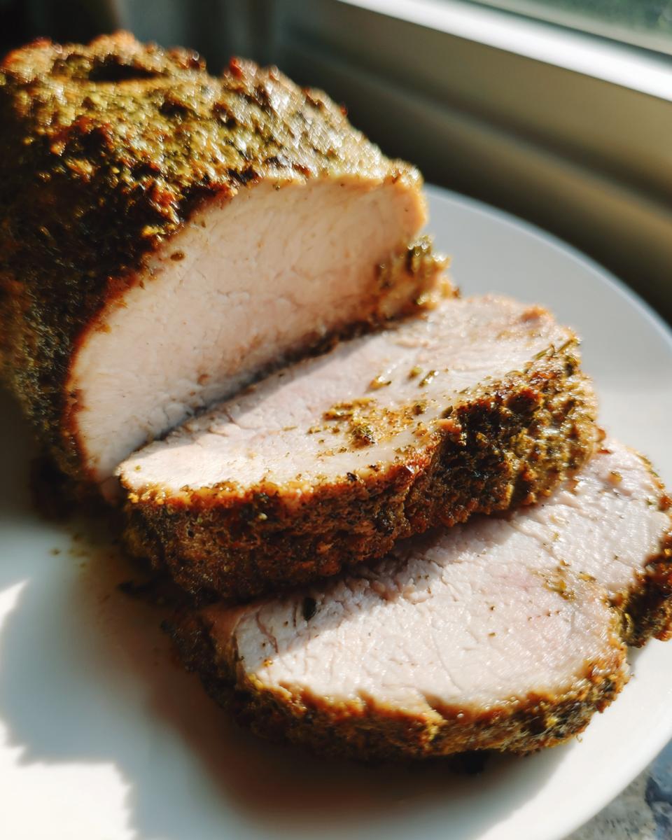 Close-up of a perfectly cooked pork tenderloin recipe, sliced to show the juicy interior and herb crust.