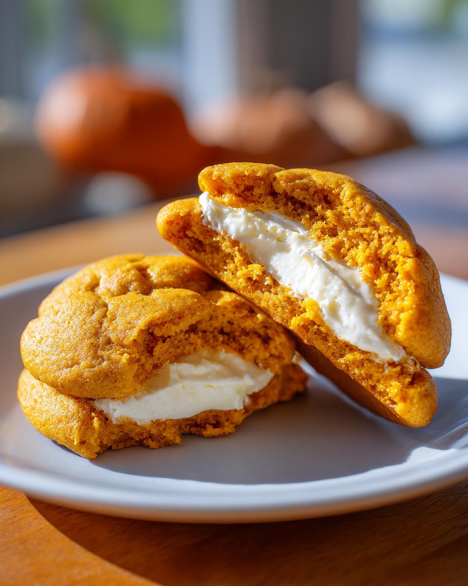 Two amazing pumpkin cheesecake cookies, one broken in half showing the thick cream cheese filling.