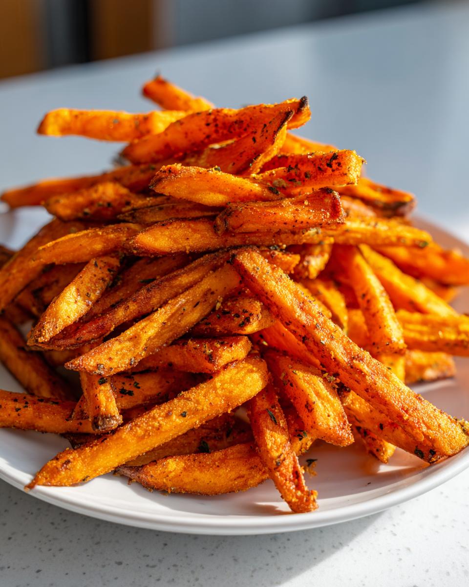 A close-up shot of a large pile of crispy, seasoned sweet potato fries served on a white plate.