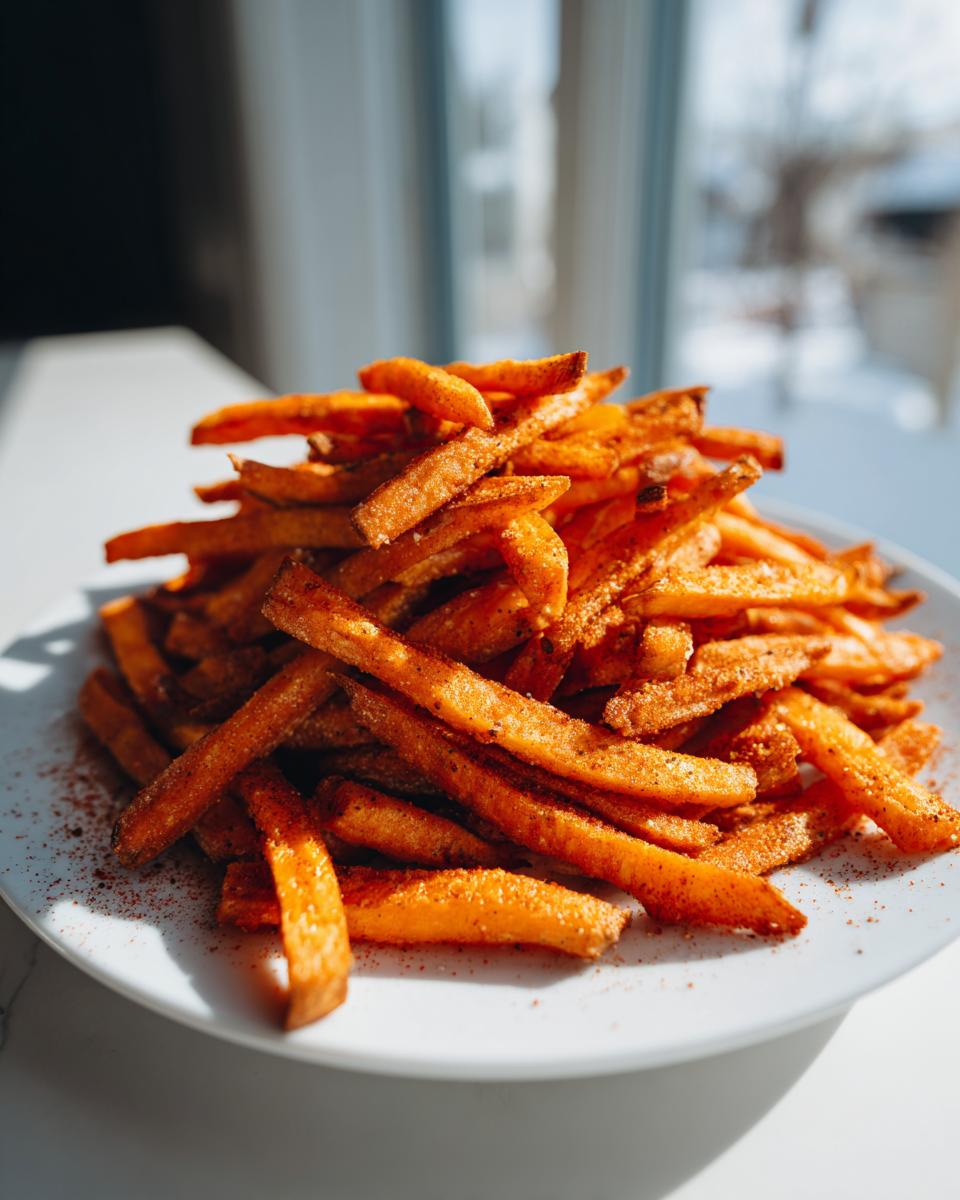 A large pile of crispy, seasoned sweet potato fries dusted with spices, served on a white plate.