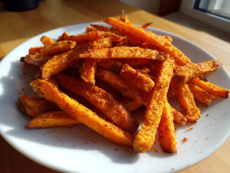 A close-up of a white plate piled high with crispy, seasoned sweet potato fries, bathed in sunlight.