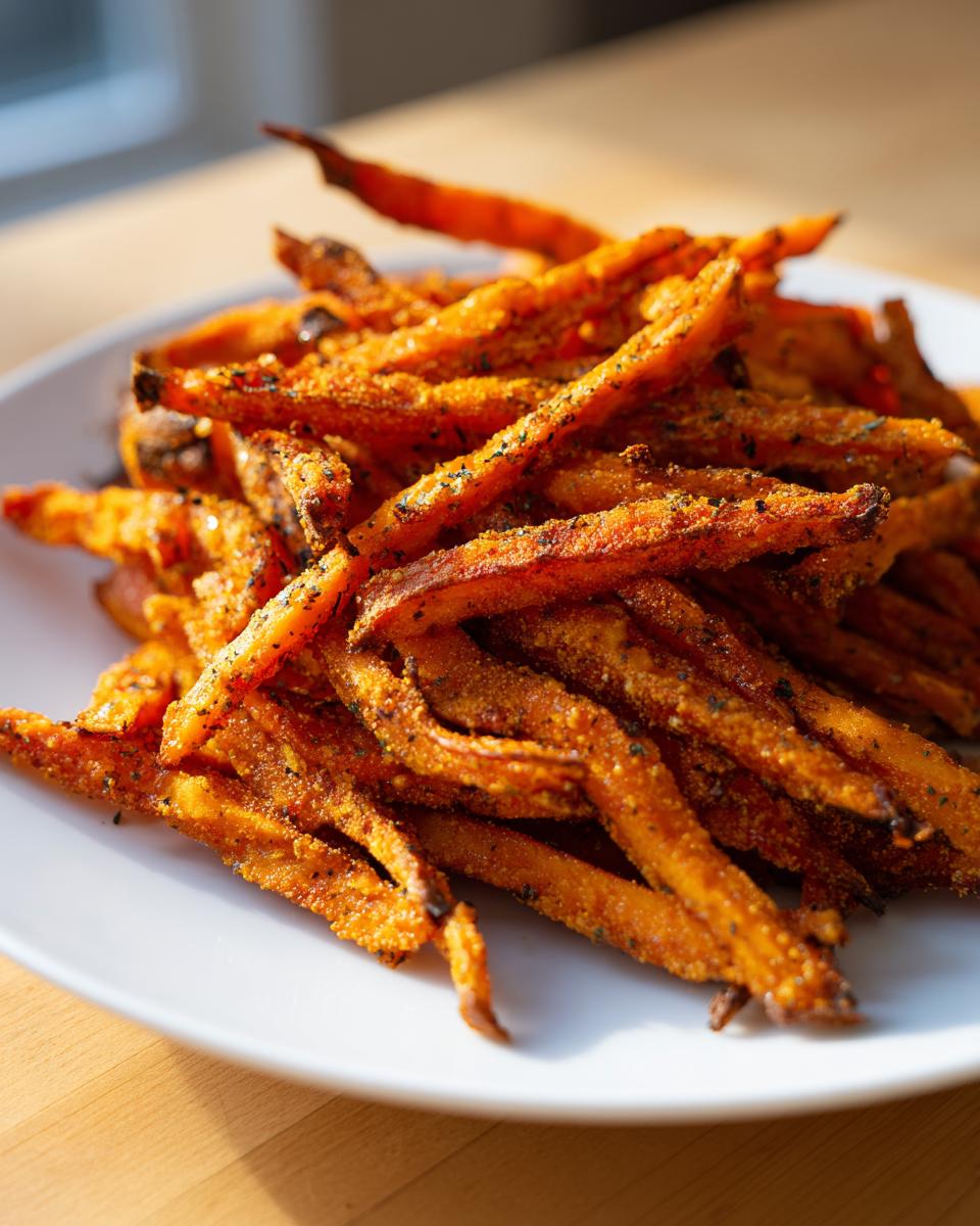 A close-up of a mound of crispy, seasoned sweet potato fries piled high on a white plate.