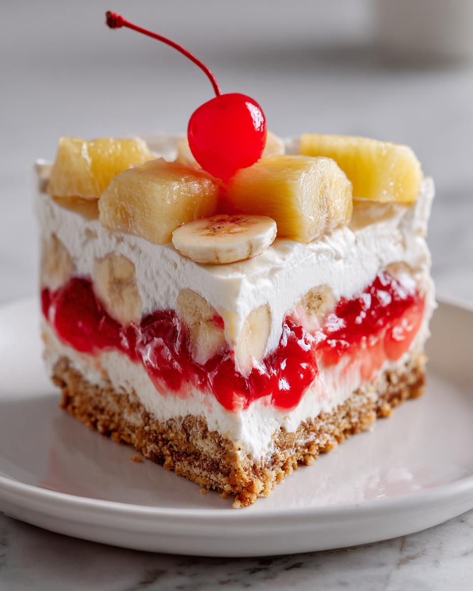 A perfect slice of banana split cake showing a graham cracker crust, creamy filling, cherries, bananas, and topped with a maraschino cherry.