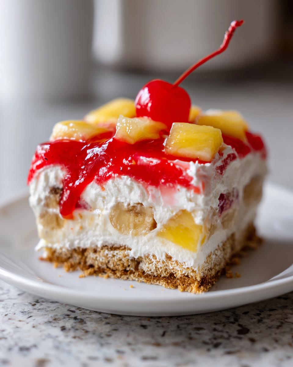 A close-up of a square slice of banana split cake featuring a graham cracker crust, creamy filling with bananas and pineapple, topped with strawberry glaze and a maraschino cherry.