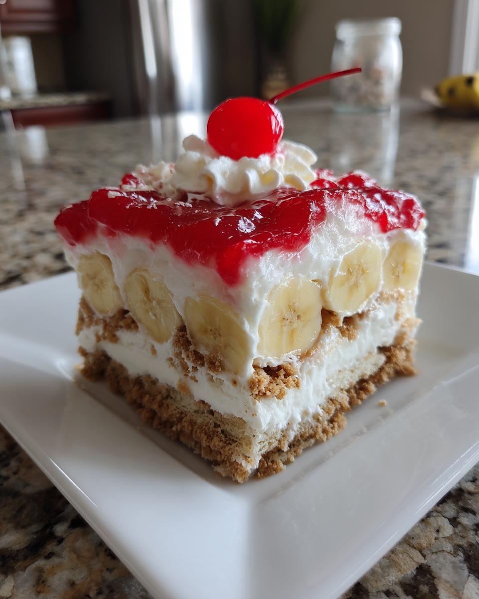 A perfect square slice of banana split cake featuring layers of crust, cream, bananas, and topped with red glaze and a maraschino cherry.