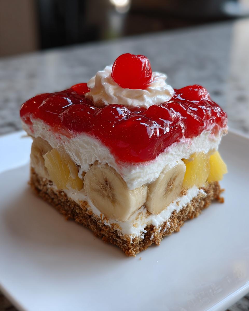 A square slice of no-bake banana split cake featuring a graham cracker crust, bananas, cream, pineapple, and cherry topping.