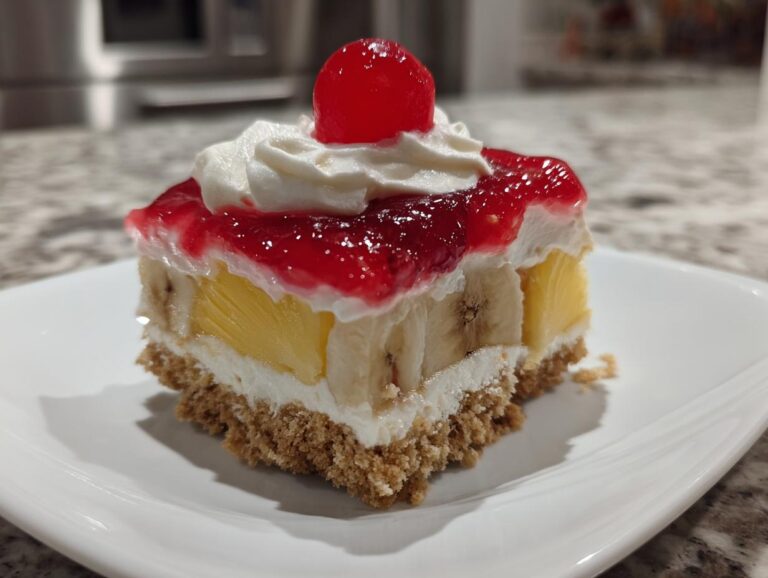 A square slice of no-bake banana split cake featuring a graham cracker crust, cream cheese layer, fruit, and topped with cherry glaze.