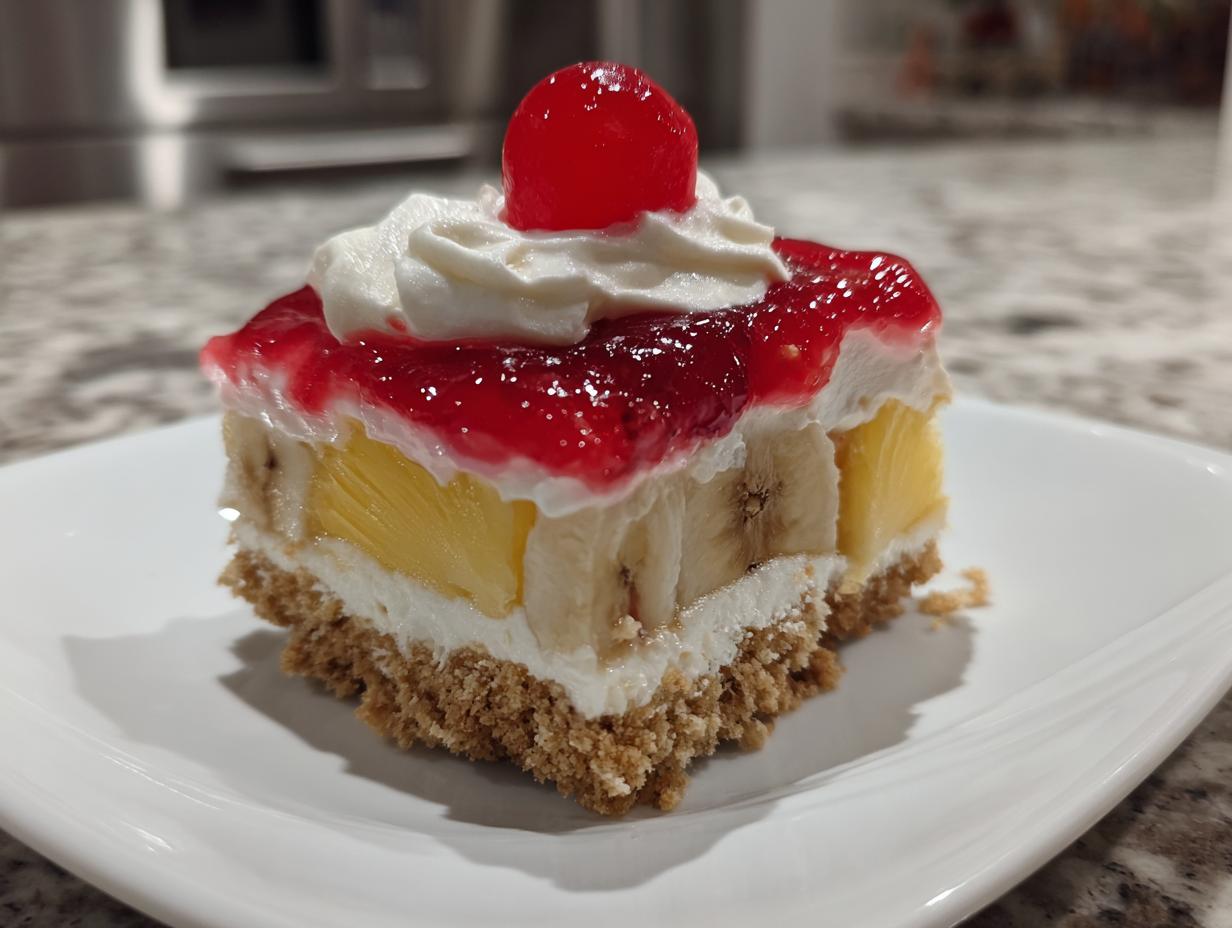 A square slice of no-bake banana split cake featuring a graham cracker crust, cream cheese layer, fruit, and topped with cherry glaze.