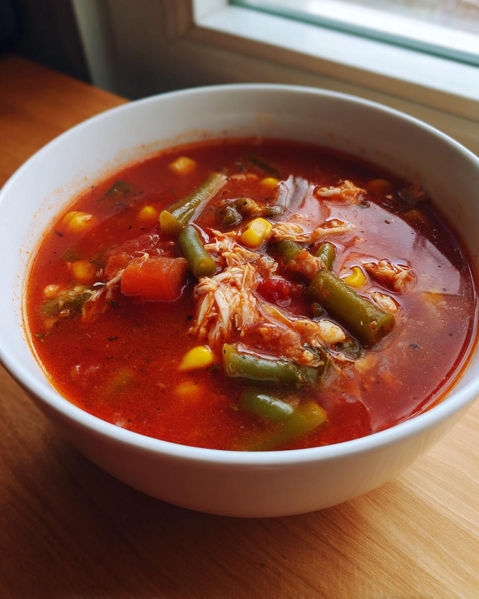 Close-up of a white bowl filled with rich, red maryland crab soup featuring shredded crab meat, corn, and green beans.