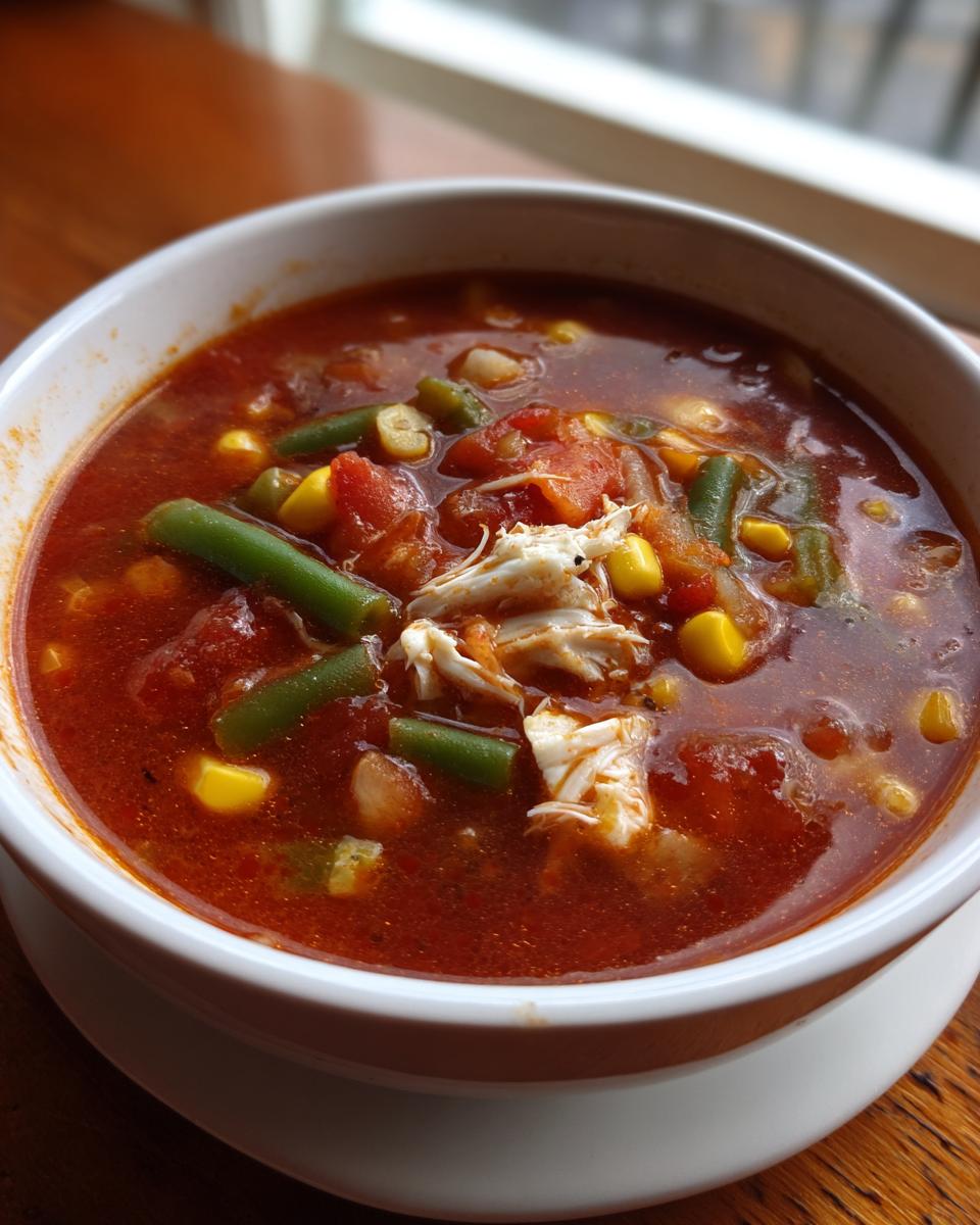 Close-up of a bowl of rich, red maryland crab soup filled with vegetables like corn and green beans, topped with shredded crab meat.