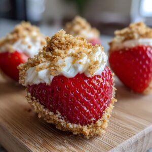 A close-up of a single cheesecake deviled strawberry topped with cream filling and graham cracker crumbs.