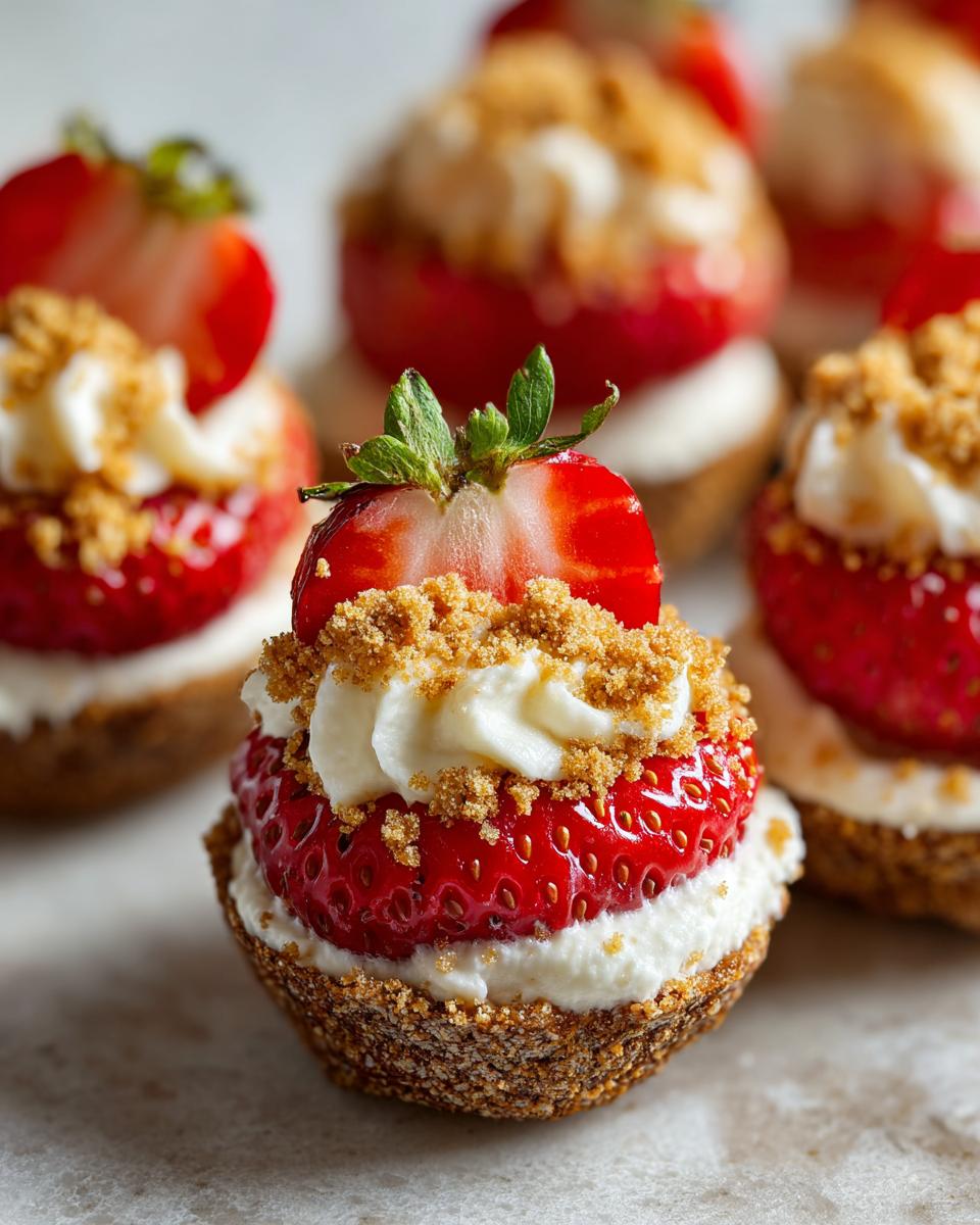 A close-up of a single cheesecake deviled strawberries treat layered with cream cheese filling and graham cracker crumbs.