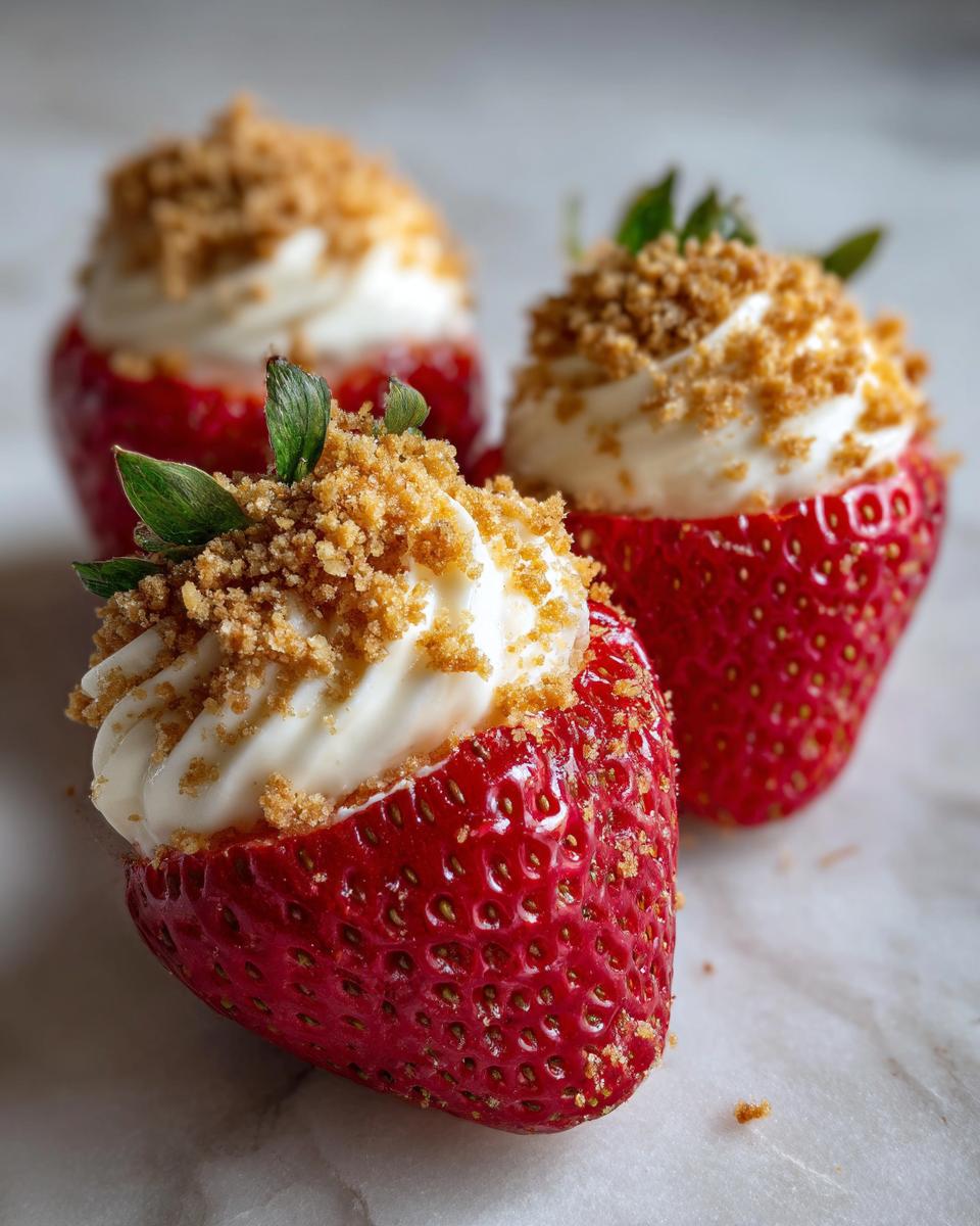 Three vibrant cheesecake deviled strawberries filled with cream cheese and topped with graham cracker crumbs.