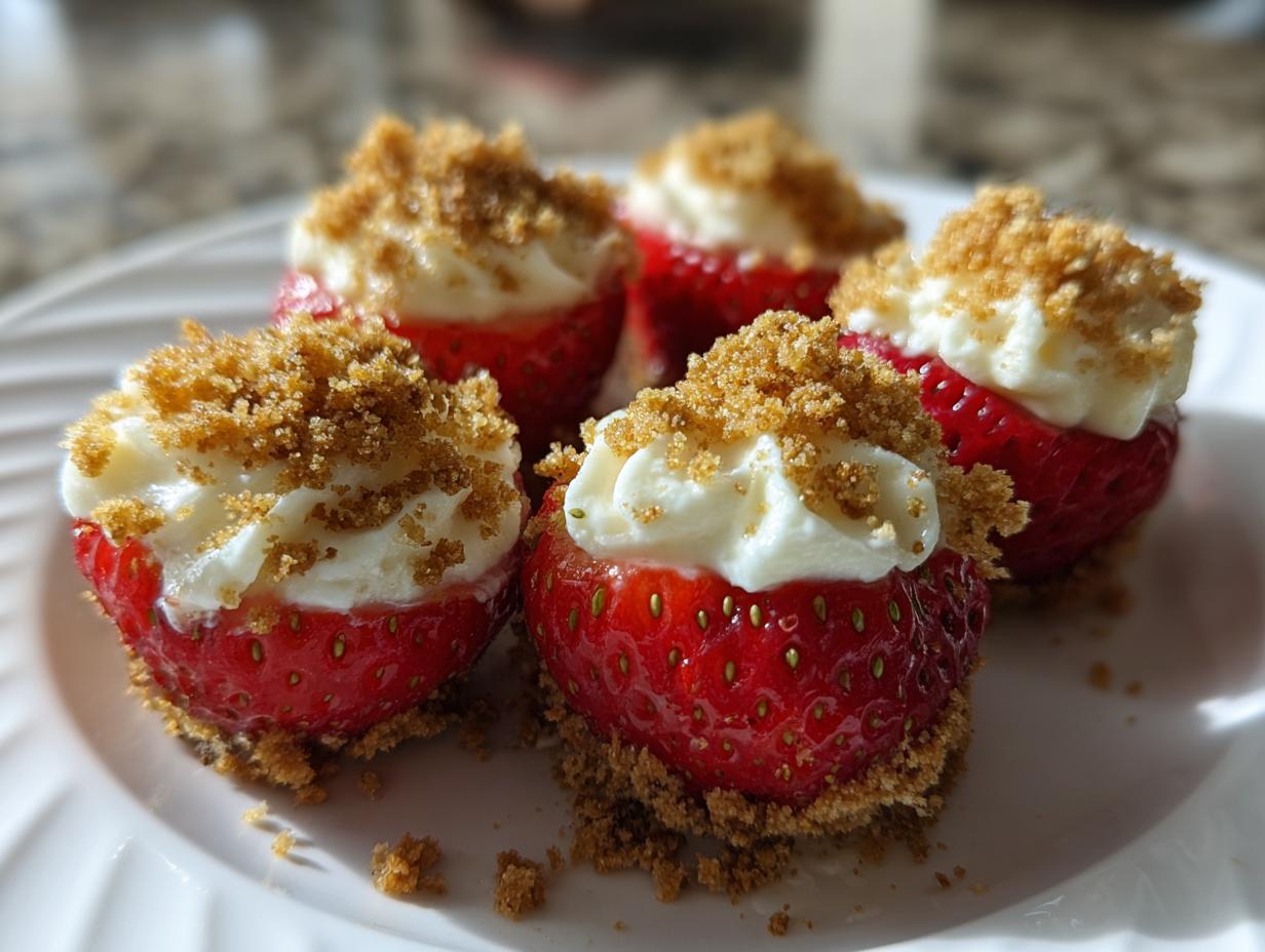 Four bright red cheesecake deviled strawberries filled with cream and topped with brown sugar crumble on a white plate.