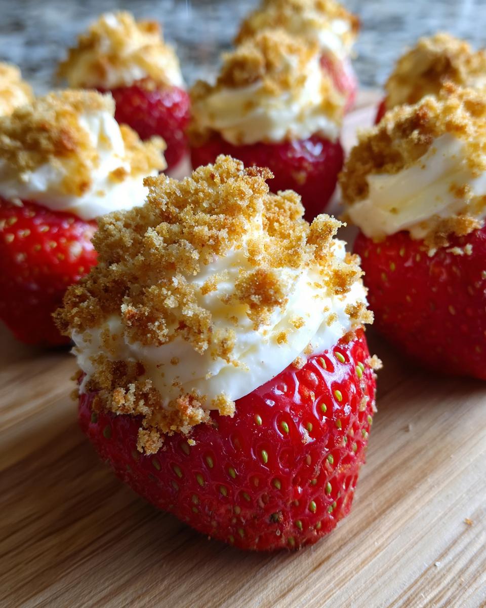 Close-up of bright red cheesecake deviled strawberries filled with cream and topped with golden brown crumble.